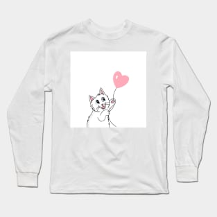 Sweet white cat with heart balloon Long Sleeve T-Shirt